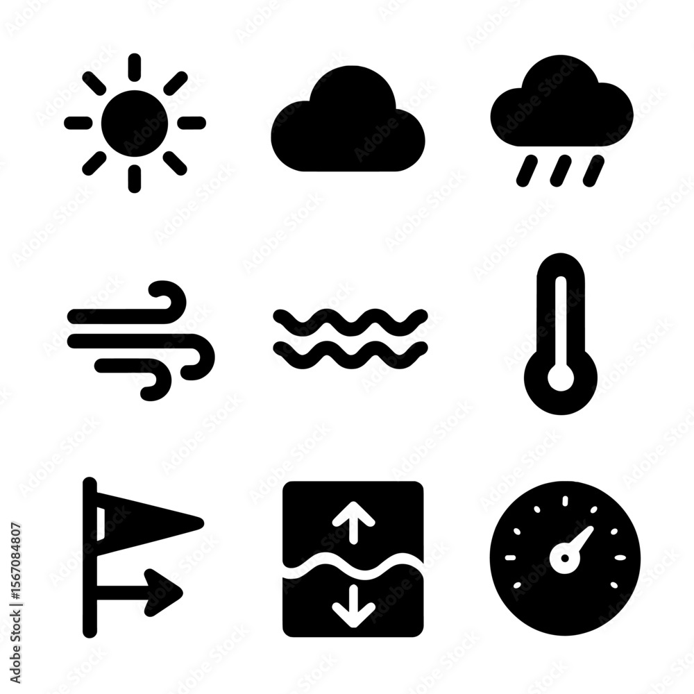 Maritime Weather Icons. Solid, filled icon set of maritime weather elements: sun, clouds, rain, wind, waves, thermometer, weather Maritime Weather Icons. Solid, filled icon set of maritime weather elements: sun, clouds, rain, wind, waves, thermometer, weather