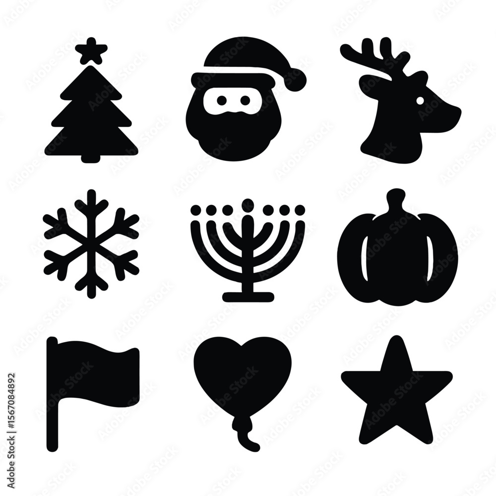 Naklejka premium Holiday Icons Grid. Solid, filled icon set of holiday parades: Christmas tree, Santa Claus, reindeer, snowflake, menorah, pumpkin,