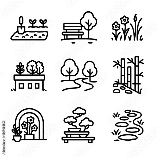 Tucked-Away Green Spaces Icons. Outline icon set of tucked-away green spaces: community garden plot, pocket park bench, urban