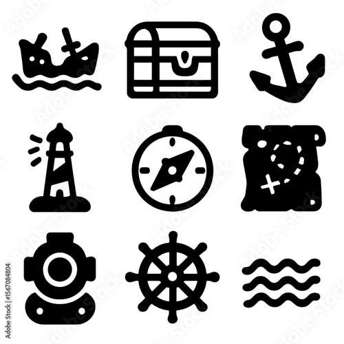 Maritime History Icons. Solid, filled icon set of shipwrecks and maritime history: sunken ship, treasure chest, anchor, lighthouse