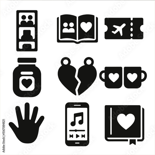 Friendship Memory Icons. Solid, filled icon set of friendship memories and keepsakes: photo strip, shared journal, travel ticket,