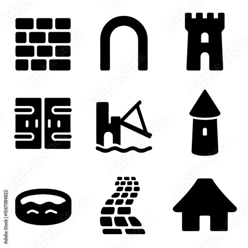 Icon Set_ History and Workplace. Solid, filled icon set of historical reenactment architecture: stone wall, archway, tower, wooden