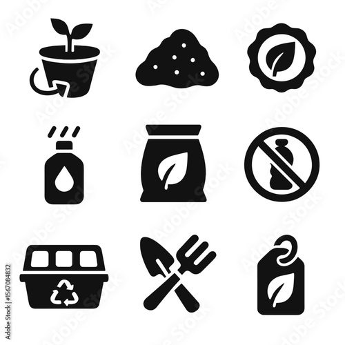 Eco-Friendly Planting Icons. Solid, filled icons set of eco-friendly seed planting: compostable pot, organic