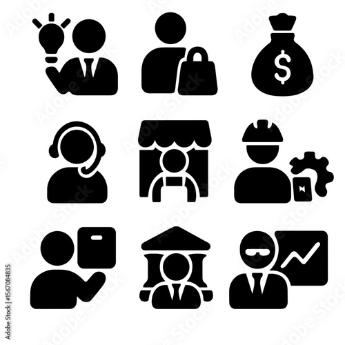 Market Participant Icons. Solid, filled icon set of market participants: entrepreneur, consumer, investor, broker, retailer,