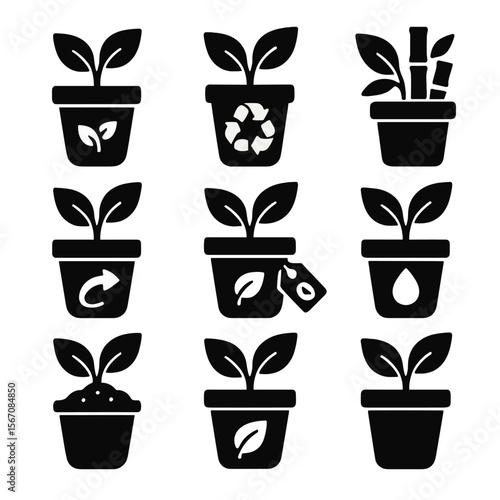Eco-Friendly Pot Icons. Solid, filled icons set of eco-friendly plant pots: biodegradable pot, recycled