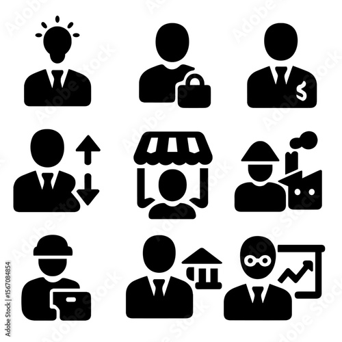 Market Participant Icons. Solid, filled icon set of market participants: entrepreneur, consumer, investor, broker, retailer,