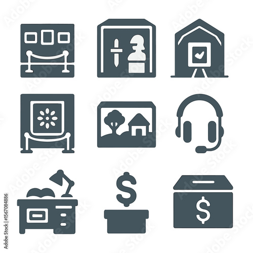 Underappreciated Museum Icons. Flat icon set of underappreciated museums: private collection gallery, niche history exhibit,