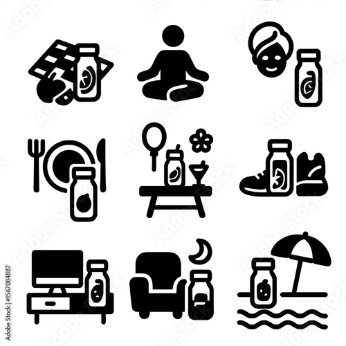 Fruit Infusion Icons. Solid, filled icon set of Fruit infusion occasions: summer picnic, yoga session, spa day, brunch, garden