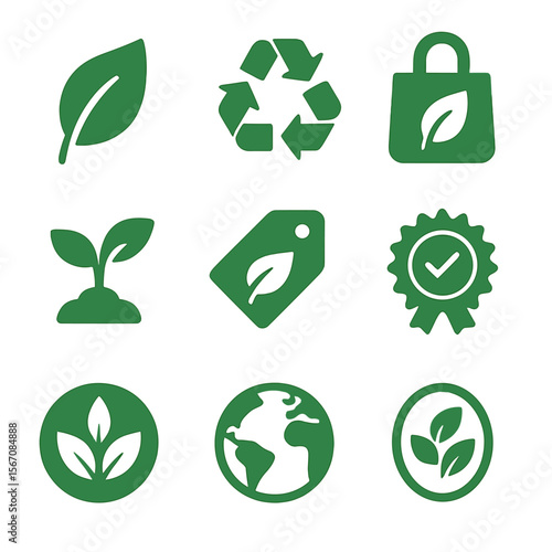 Eco-Friendly Icon Set. Solid, filled icons set of eco-friendly branding: green leaf, recycling icon, reusable