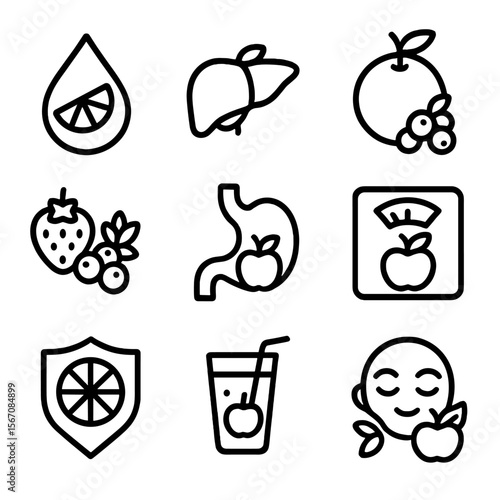 Fruit Infusion Icons. Solid, filled icon set of Fruit infusion benefits: hydration, detox, vitamin C, antioxidants, digestion aid,