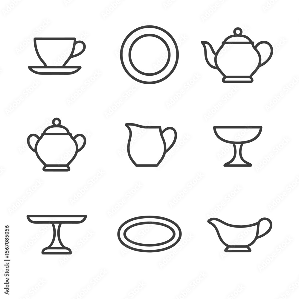 Fine China Icons. Outline icon set of fine china display pieces: teacup with saucer, porcelain plate, teapot with lid, sugar bowl, Fine China Icons. Outline icon set of fine china display pieces: teacup with saucer, porcelain plate, teapot with lid, sugar bowl,