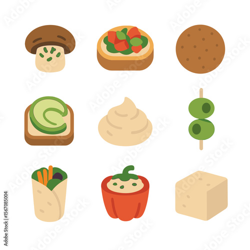 Vegan Appetizer Icons. Flat icon set of vegan appetizer selection: stuffed mushroom, bruschetta toast, falafel ball, avocado toast