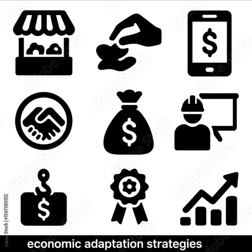 Economic Icons Grid. Solid, filled icons set of economic adaptation strategies: local market, handmade goods,