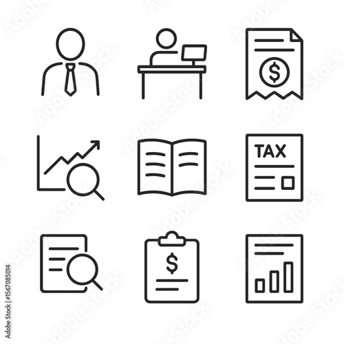 Finance Icon Set. Outline icon set of entry-level finance positions: junior accountant silhouette, payroll clerk desk, accounts