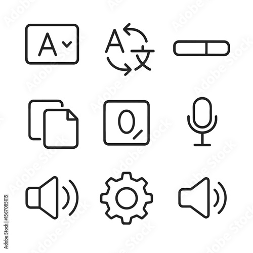 User Interface Icons. Outline icon set of user interface elements: language selector dropdown, translate button, progress bar,