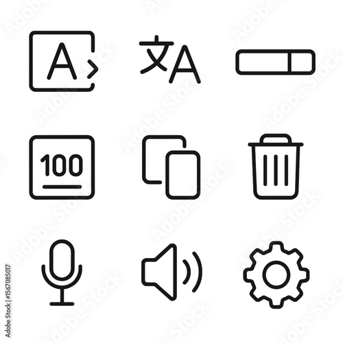 User Interface Icons. Outline icon set of user interface elements: language selector dropdown, translate button, progress bar,