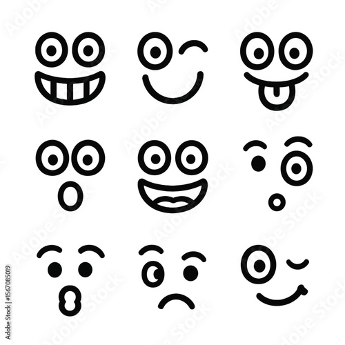 Funny Faces Grid. Solid, filled icon set of funny faces expressions: silly grin, winking eye, tongue out, surprised look, crossed