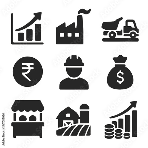 Economic Growth Icons. Solid, filled icons set of developing countries’ economic growth: rising graph, factory
