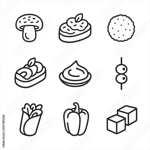 Vegan Appetizer Icons. Outline icon set of vegan appetizer selection: stuffed mushroom, bruschetta toast, falafel ball, avocado