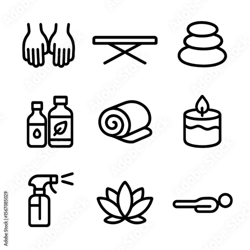 Massage Therapy Icons. Solid, filled icon set of professional massage therapy: hands applying pressure, massage table, hot stones,