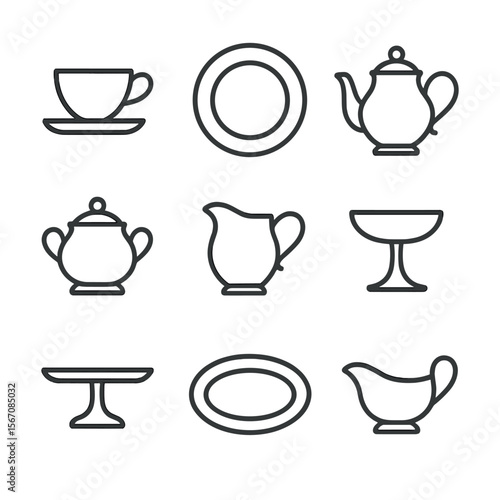Fine China Icons. Outline icon set of fine china display pieces: teacup with saucer, porcelain plate, teapot with lid, sugar bowl,