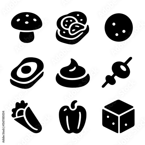 Vegan Appetizer Icons. Solid, Filled icon set of vegan appetizer selection: stuffed mushroom, bruschetta toast, falafel ball,