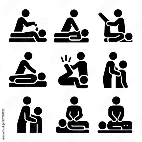 Massage Therapy Icons. Solid, filled icon set of massage therapist actions: applying oil, hand pressure, stretching limb, rolling