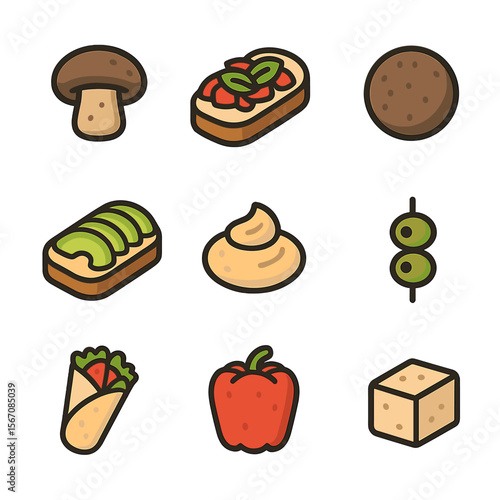 Vegan Appetizer Icons. Flat icon set of vegan appetizer selection: stuffed mushroom, bruschetta toast, falafel ball, avocado toast