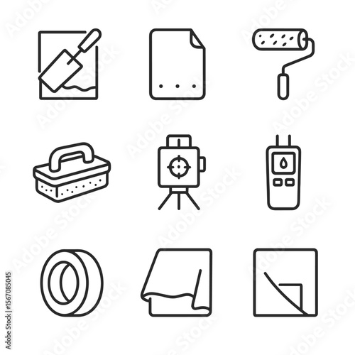 Finishing Tools Icons. Outline icon set of surface finishing and texture creation: skim coat layer, sandpaper sheet, texture