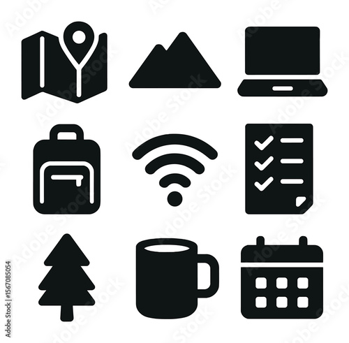 Travel Freelancing Icons. Solid, filled icons set of travel-based freelancing: map icon, mountain, laptop, bag