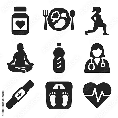 Maternal Health Icons. Solid, filled icon set of maternal health: prenatal vitamins, healthy meal, exercise, meditation, hydration