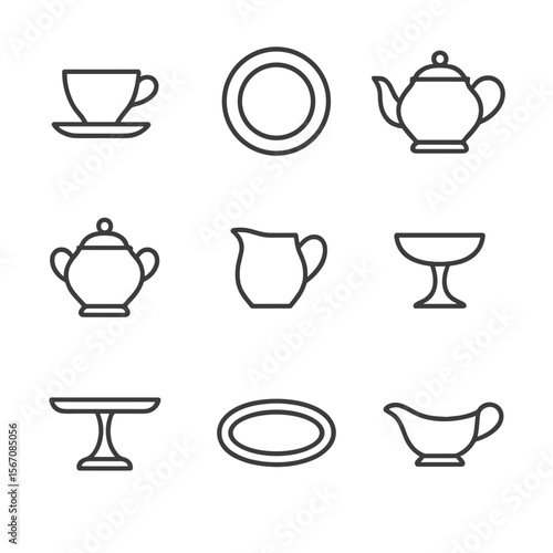 Fine China Icons. Outline icon set of fine china display pieces: teacup with saucer, porcelain plate, teapot with lid, sugar bowl,