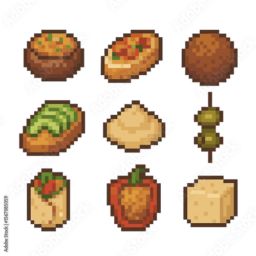 Vegan Appetizer Icons. Pixel art icon set of vegan appetizer selection: stuffed mushroom, bruschetta toast, falafel ball, avocado