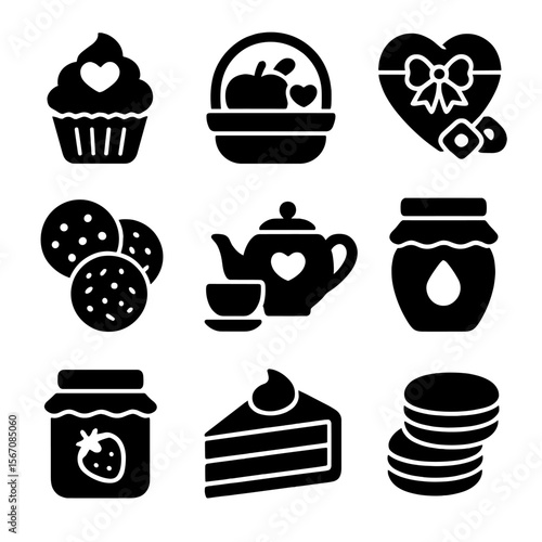 Edible Gifts Icons. Solid, filled icons set of edible gifts for Mother’s Day: cupcake, fruit basket, chocolate