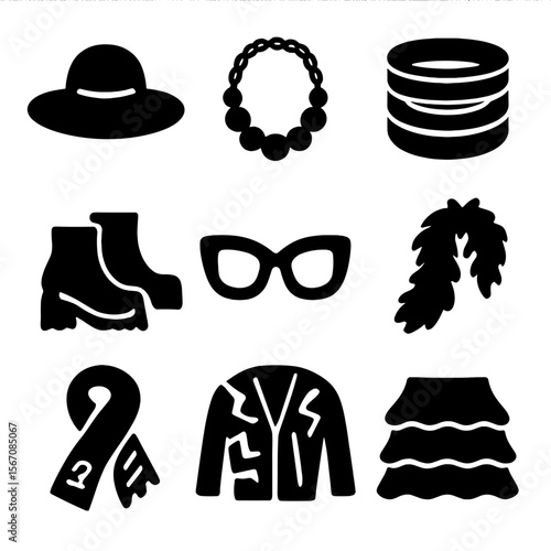 Maximalist Fashion Icons. Solid, filled icon set of maximalist fashion elements: oversized hat, statement necklace, layered rings,