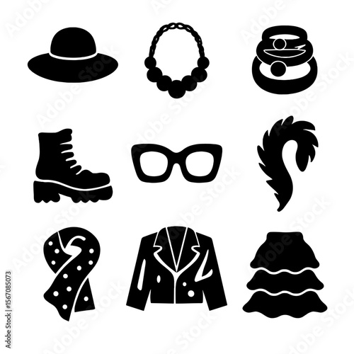 Maximalist Fashion Icons. Solid, filled icon set of maximalist fashion elements: oversized hat, statement necklace, layered rings,