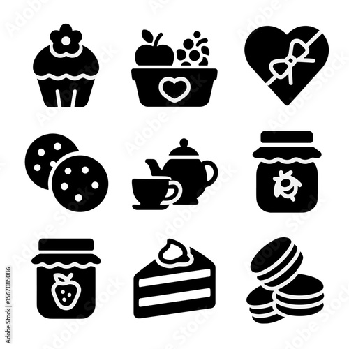 Edible Gifts Icons. Solid, filled icons set of edible gifts for Mother’s Day: cupcake, fruit basket, chocolate