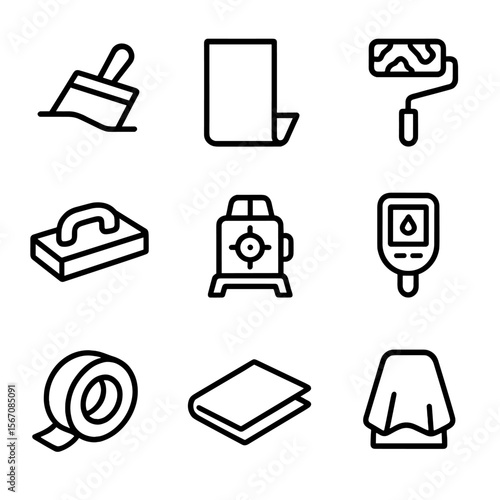 Finishing Tools Icons. Outline icon set of surface finishing and texture creation: skim coat layer, sandpaper sheet, texture