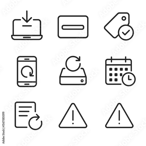Firmware Update Icons. Outline icon set of firmware updates and maintenance: download arrow on device, progress bar display,