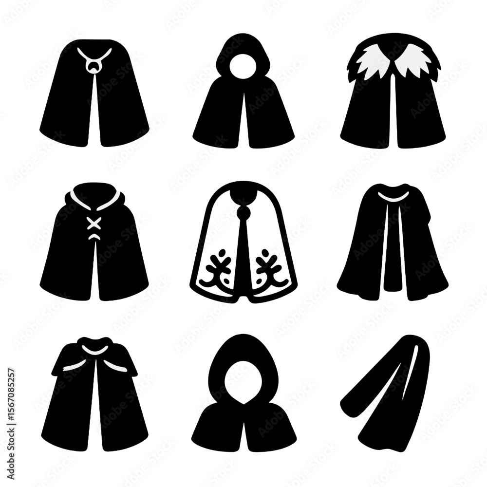 Medieval Cape Icons. Solid, filled icon set of medieval capes and cloaks: cloak with brooch, hooded cape, fur mantle, leather cape Medieval Cape Icons. Solid, filled icon set of medieval capes and cloaks: cloak with brooch, hooded cape, fur mantle, leather cape