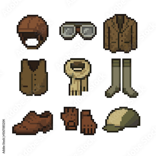 Vintage Cyclist Icon Set. Pixel art icon set of vintage cyclist attire: leather helmet, aviator goggles, tweed jacket, button-up
