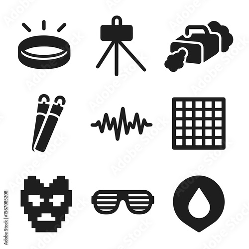 EDM Icon Collection. Solid, filled icons set of electronic dance music (EDM) themes: glowing wristband, laser