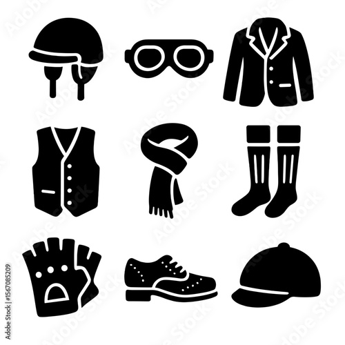 Vintage Cycling Icons. Solid, Filled icon set of vintage cyclist attire: leather helmet, aviator goggles, tweed jacket, button-up