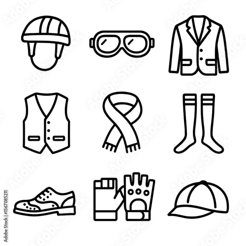 Vintage Cycling Icons. Outline icon set of vintage cyclist attire: leather helmet, aviator goggles, tweed jacket, button-up vest,