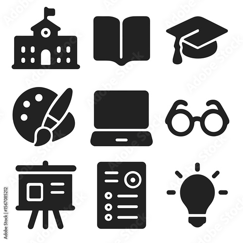 Education Icons Grid. Solid, filled icons set of education and learning goals: school building, book icon,
