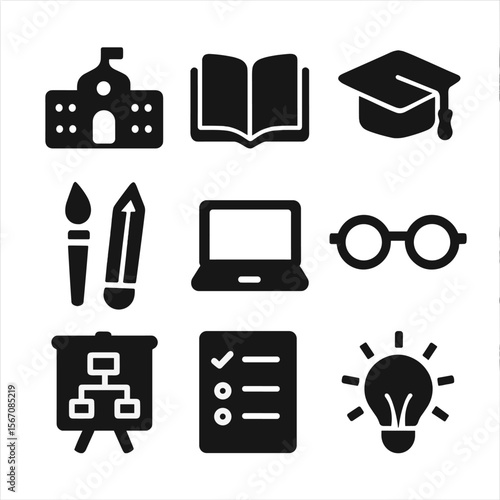 Education Icons Grid. Solid, filled icons set of education and learning goals: school building, book icon,