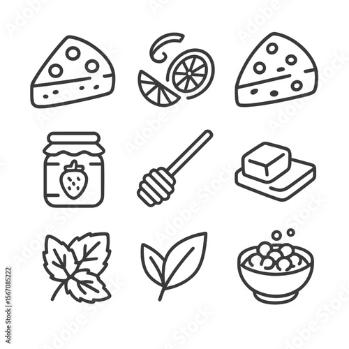 Flavor Icon Set. Outline icon set of flavor variations and accompaniments: blueberry scone icon, lemon zest garnish, chocolate