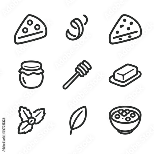 Flavor Icon Set. Outline icon set of flavor variations and accompaniments: blueberry scone icon, lemon zest garnish, chocolate