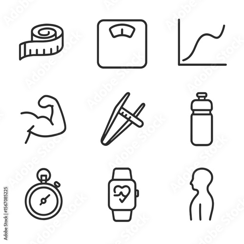 Fitness Icon Set. Outline icon set of fitness and body metrics: body measurement tape, scale icon, BMI chart, muscle circumference