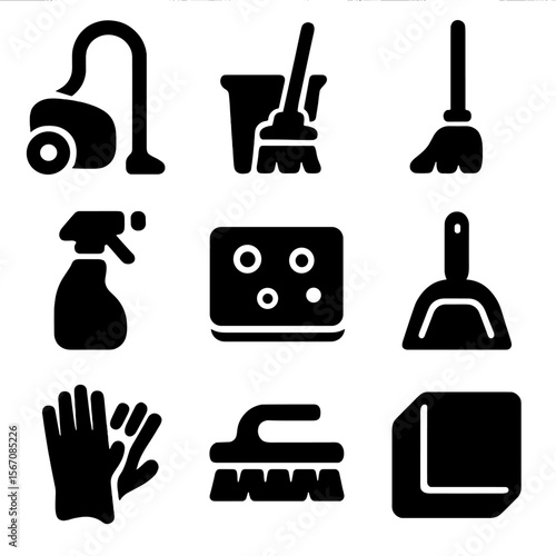 Household Cleaning Icons. Solid, filled icon set of household cleaning tasks: vacuum cleaner, mop bucket, broom, spray bottle,